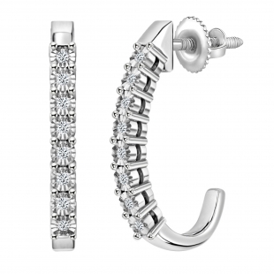 Round White Diamond J Shaped Classic Screw Back Hoop Earrings for Her (0.15 ctw, Color I-J, Clarity I1-I2) in 14K White Gold