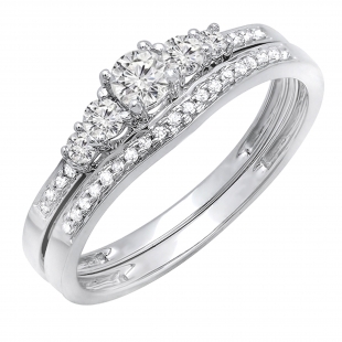 1.00 Carat (ctw) 10K White Gold Round Cut Diamond Ladies 5 Stone Bridal Engagement Ring With Matching Band Set 1 CT