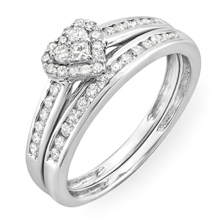 0.55 Carat (ctw) 10k White Gold Round & Princess Diamond Ladies Heart Shaped Bridal Ring Engagement Matching Band Set