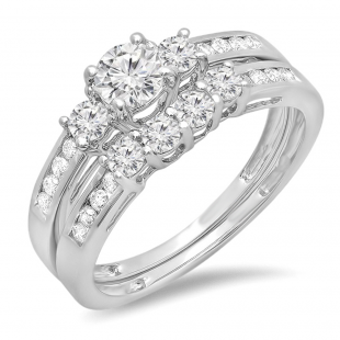 1.15 Carat (ctw) 14k White Gold Round Diamond Ladies 3 Stone Bridal Engagement Ring Set Matching Band