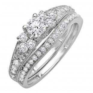 1.00 Carat (ctw) 10k White Gold Round Diamond Ladies Bridal Engagement Ring Matching Band Set