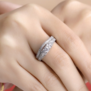 1.00 Carat (ctw) 14k White Gold Round Diamond Ladies Bridal Engagement Ring Matching Band Set