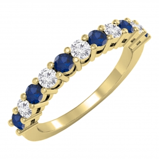 Alternate Round Blue Sapphire & 0.38 Carat White Diamond Stackable Wedding Band for Women in 14K Yellow Gold