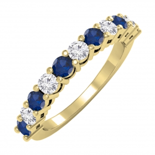 Alternate Round Blue Sapphire & 0.50 Carat White Diamond Stackable Wedding Band for Women in 18K Yellow Gold