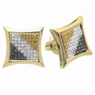 0.33 Carat (ctw) 14K Yellow Gold Blue White & Yellow Round Diamond Micro Pave Setting Kite Shape Stud Earrings 1/3 CT
