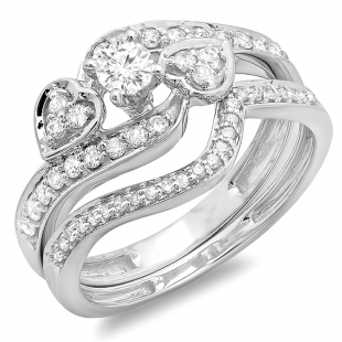0.75 Carat (ctw) 10K White Gold Round Diamond Ladies Bridal Engagement Ring With Two Wedding Bands 3 Piece Set 3/4 CT