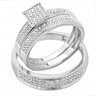 Round White Diamond Micro Pave Wedding Trio Ring Set for Him & Her (0.55 ctw, Color I-J, Clarity I2-I3) in 10K White Gold