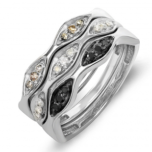 0.25 Carat (ctw) Designer Sterling Silver Black White and Champagne Round Real Diamond Wedding Anniversary Stackable 3 pcs Band 1/4 CT