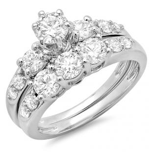 1.80 Carat (ctw) 14k White Gold Round Diamond Ladies 3 Stone Bridal Engagement Ring Matching Band Set
