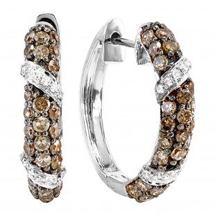 0.85 Carat (ctw) Round White & Champagne Diamond Ladies Hoop Earrings 18K White Gold