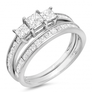 1.75 Carat (ctw) 14k White Gold Princess Diamond Ladies Bridal 3 Stone Engagement Ring Matching Wedding Band Set