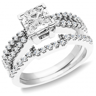 1.50 Carat (ctw) 14K White Gold Princess & Round White Diamond Ladies Split Shank Bridal Engagement Ring with Matching Wedding Band Set 1 1/2 CT