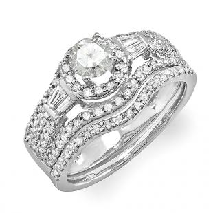 1.00 Carat (ctw) 14k White Gold Round & Baguette Diamond Ladies Halo Style Bridal Engagement Ring Matching Band Set 1 CT