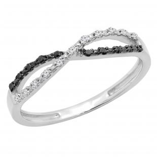 0.10 Carat (ctw) White and Black Diamond Ladies Infinity Swirl Wedding Band 1/10 CT 14K White Gold
