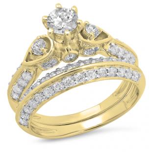 1.50 Carat (ctw) 18K Yellow Gold Round Diamond Ladies 3 Stone Bridal Engagement Ring Set 1 1/2 CT