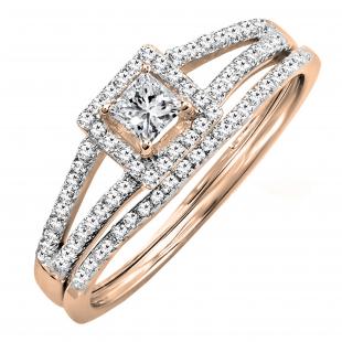 0.45 Carat (ctw) Princess & Round White Diamond Bridal Engagement Ring Set 1/2 CT 14K Rose Gold