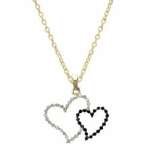 0.23 Carat (ctw) Round Black and White Diamond Double Heart Pendant for Women with 18 inch Gold Chain in 18K Yellow Gold