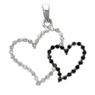 0.23 Carat (ctw) 10k White Gold Round Black and White Diamond Ladies Double Heart Pendant 1/4 CT