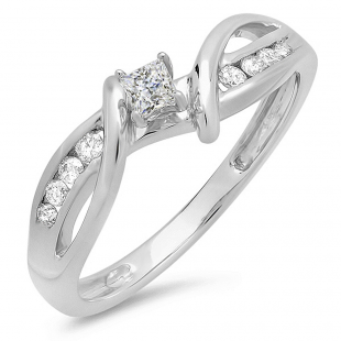 0.25 Carat (ctw) 10k White Gold Princess and Round Diamond Ladies Crossover Split Shank Bridal Promise Engagement Ring 1/4 CT