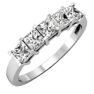 IGI CERTIFIED 1.01 Carat (ctw) 14K White Gold Princess Cut White Diamond Ladies 5 Stone Bridal Wedding Band Anniversary Ring 1 CT
