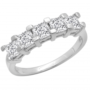 2.00 Carat (ctw) Princess White Diamond Ladies 5 Stone Wedding Ring 2 CT 14K White Gold