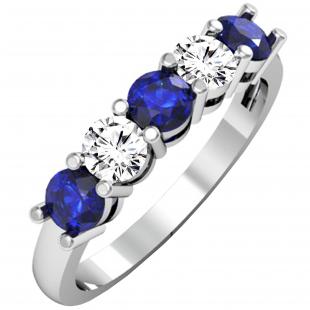 1.00 Carat (ctw) 10K White Gold Round Blue Sapphire and White Diamond Ladies 5 Stone Bridal Wedding Band Anniversary Ring 1 CT