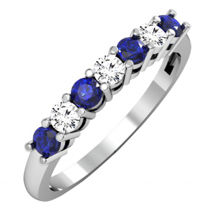 0.50 Carat (ctw) 18K White Gold Round Blue Sapphire and White Diamond Ladies 7 Stone Bridal Wedding Band Anniversary Ring 1/2 CT