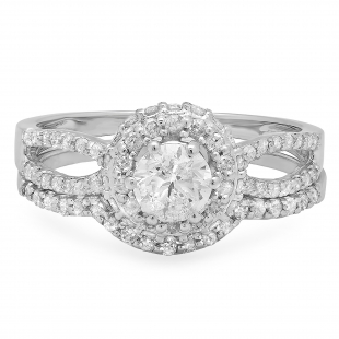 1.00 Carat (ctw) 14k White Gold Round Diamond Ladies Split Shank Halo Style Bridal Engagement Ring Set With Matching Band 1 CT