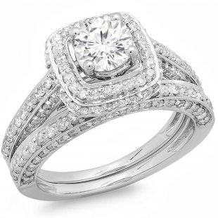 2.00 Carat (ctw) 14k White Gold Round Diamond Ladies Halo Style Bridal Engagement Ring Set Matching Band 2 CT