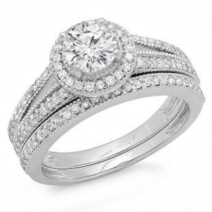 1.25 Carat (ctw) 18k White Gold Round Diamond Ladies Split Shank Halo Style Bridal Engagement Ring Set With Matching Band 1 1/4 CT