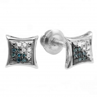 0.07 Carat (ctw) Sterling Silver Round Blue & White Diamond Micro Pave Setting Kite Shape Stud Earrings
