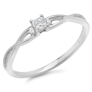 0.15 Carat (ctw) 10k White Gold Princess & Round Diamond Ladies Crossover Swirl Bridal 3 Stone Promise Engagement Ring