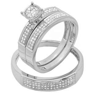 0.33 Carat (ctw) 14K White Gold Round White Diamond Men & Women's Micro Pave Engagement Ring Trio Bridal Set 1/3 CT