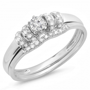 0.30 Carat (ctw) 18K White Gold Round White Diamond Ladies Bridal Engagement Ring Set 1/3 CT