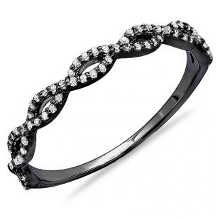 0.20 Carat (ctw) Black Rhodium Plated 18K White Gold Round Diamond Ladies Swirl Anniversary Wedding Band Stackable Ring 1/5 CT