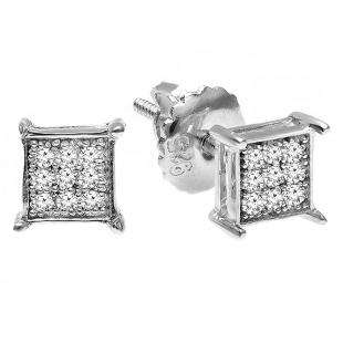 0.06 Carat (ctw) Round White Diamond Men's Hip Hop Iced Stud Earrings Sterling Silver