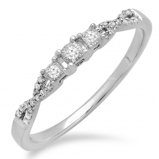 0.10 Carat (ctw) 10k White Gold Round Diamond Ladies Bridal Crossover Swirl 3 Stone Promise Engagement Ring 1/10 CT