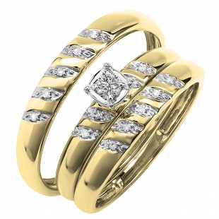 0.15 Carat (ctw) 10K Yellow Gold Round White Diamond Men & Women's Engagement Ring Trio Set