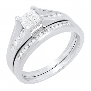 0.50 Carat (ctw) 10k White Gold Princess & Round Diamond Ladies Bridal Engagement Ring Set Matching Band 1/2 CT