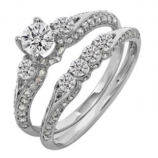 IGI CERTIFIED 1.45 Carat (ctw) 14K White Gold Round Diamond Ladies 3 Stone Bridal Engagement Ring Set With Matching Band 1 1/2 CT