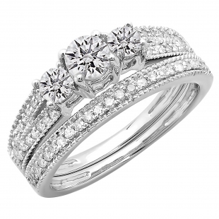 1.00 Carat (ctw) 14k White Gold Round Diamond Ladies 3 Stone Split Shank Bridal Engagement Ring Matching Band Set 1 CT