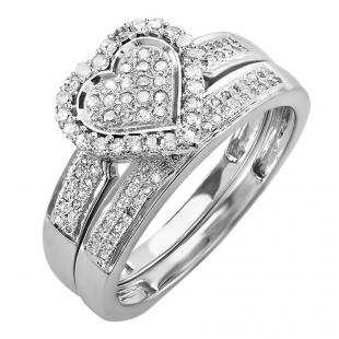 0.38 Carat (ctw) 10k White Gold Round Diamond Ladies Bridal Heart Shape Engagement Ring Set With Matching Band