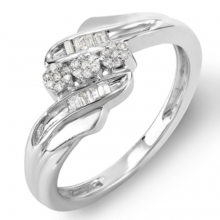 0.16 Carat (ctw) Sterling Silver Round & Baguette Diamond Ladies 3 Stone Concept Cocktail Right Hand Promise Ring 1/6 CT