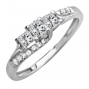 0.48 Carat (ctw) 18k White Gold Princess & Round Diamond Ladies Bridal 3 Stone Swirl Wave Engagement Ring 1/2 CT