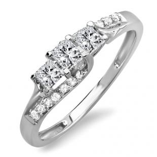 IGI CERTIFIED 0.48 Carat (ctw) 14K White Gold Princess & Round Diamond Ladies Bridal 3 Stone Swirl Wave Engagement Ring 1/2 CT