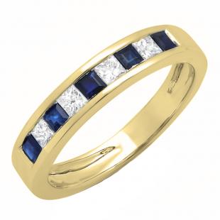 0.75 Carat (ctw) 14K Yellow Gold Princess Cut Blue Sapphire & White Diamond Ladies Anniversary Wedding Band Stackable Ring 3/4 CT