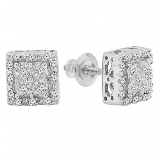0.15 Carat (ctw) Sterling Silver Round White Diamond Ladies Square Shape Stud Earrings