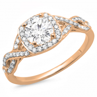 1.00 Carat (ctw) 18K Rose Gold Round White Diamond Ladies Swirl Split Shank Halo Engagement Ring 1 CT