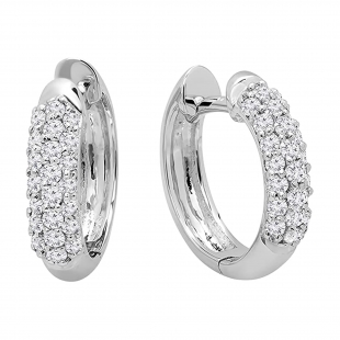 0.30 Carat (ctw) 14k White Gold Round Diamond Ladies Pave Set Huggies Hoop Earrings 1/3 CT