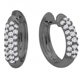 0.30 Carat (ctw) Black Rhodium Plated 10k White Gold Round Diamond Ladies Pave Set Huggies Hoop Earrings 1/3 CT